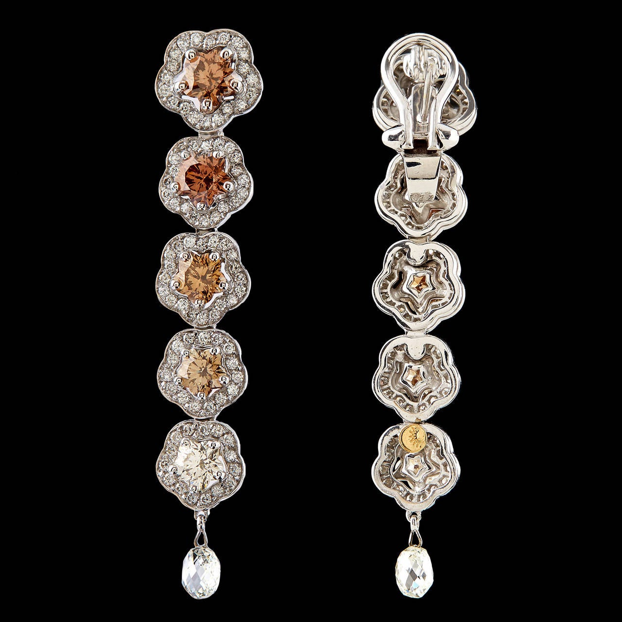 Luca Carati Diamond Gold Floral Dangle Earrings In New Condition In San Francisco, CA