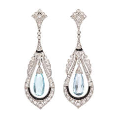 Antique Art Deco Aquamarine Briolette Dangle Earrings