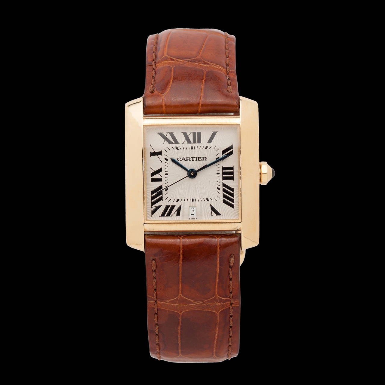 Cartier Automatic Tank Francaise with an 18Kt Yellow Gold 28mm x 24mm Case and Ardillon Clasp on a Brown Alligator 8 inch maximum Adjustable Bracelet.