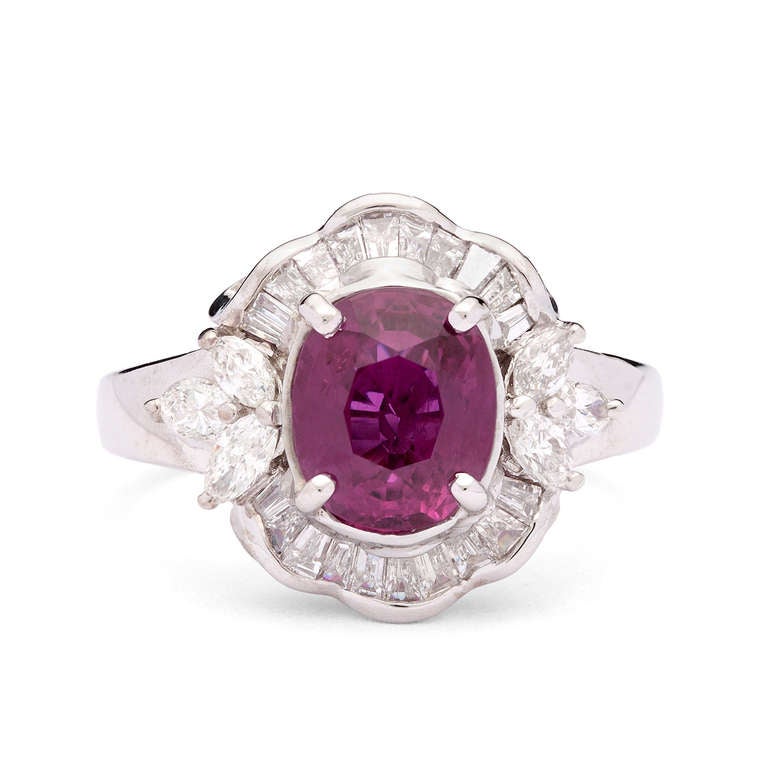 Purplish Red Cushion Cut Ruby Ring In Excellent Condition In San Francisco, CA