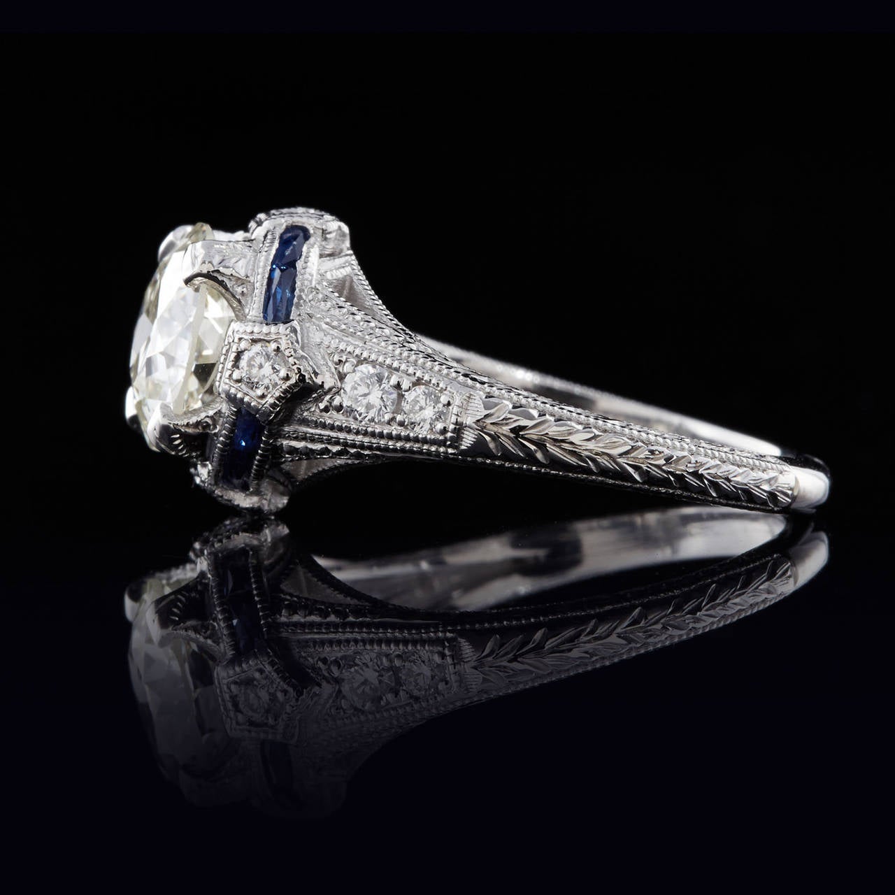 Art Deco Old European Cut Sapphire Diamond Platinum Engagement Ring