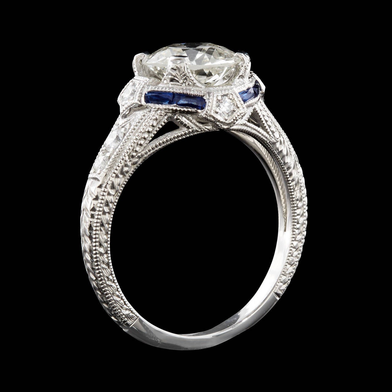 Old European Cut Sapphire Diamond Platinum Engagement Ring In Excellent Condition In San Francisco, CA