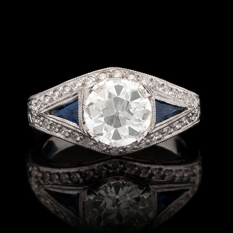 Art Deco European Cut Diamond and Sapphire Ring
