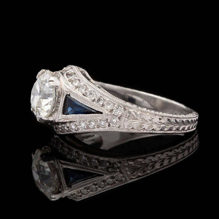 European Cut Diamond and Sapphire Ring In Excellent Condition In San Francisco, CA