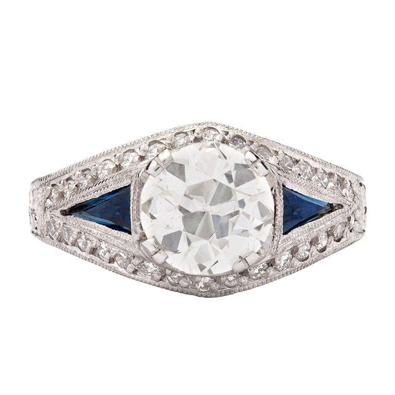 European Cut Diamond and Sapphire Ring