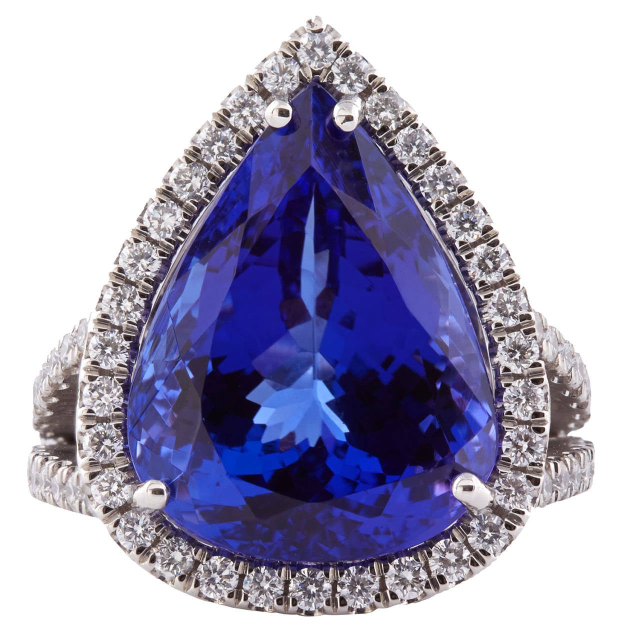 12.67 Carat Natural Vivid Blue Tanzanite Platinum Cocktail Ring For Sale