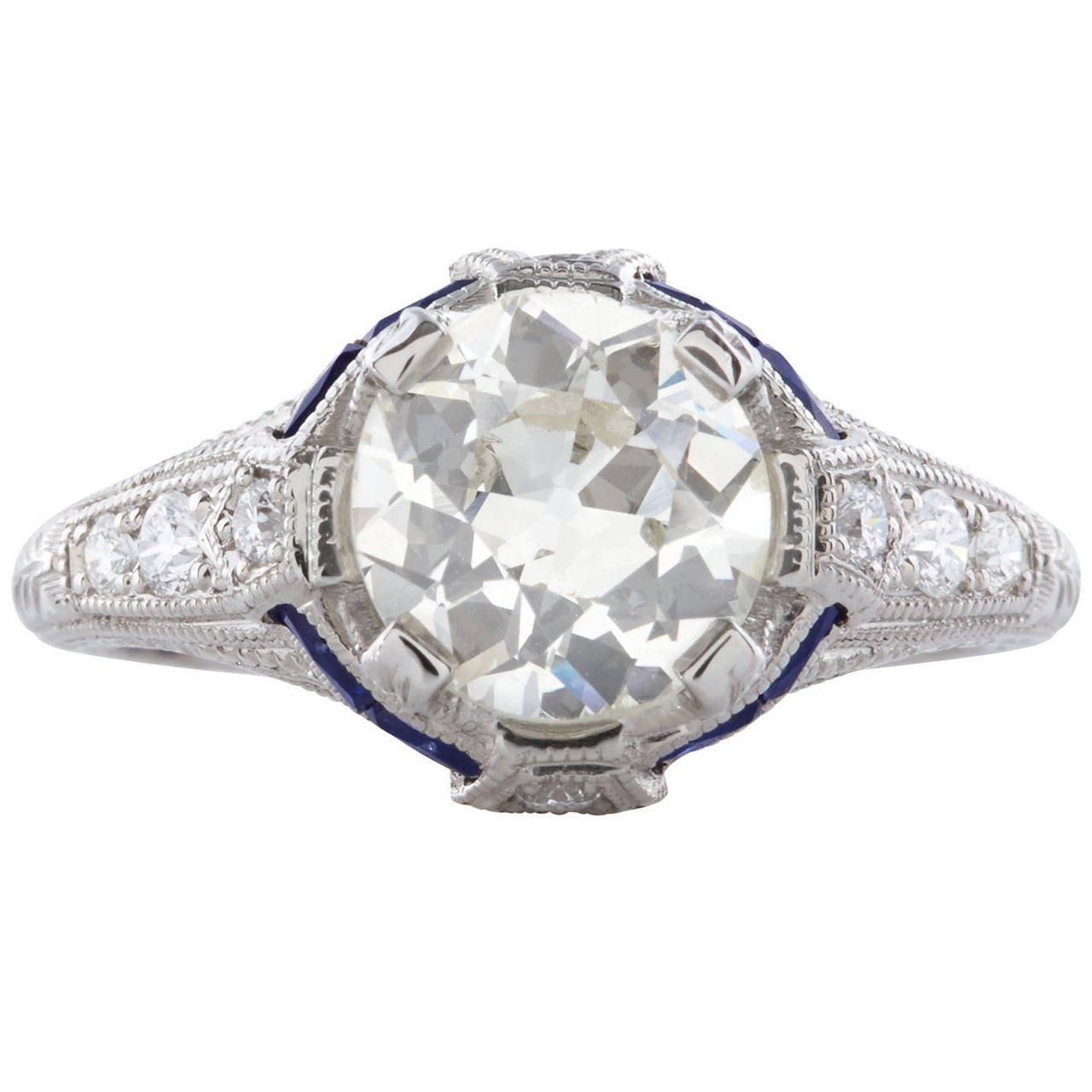 Old European Cut Sapphire Diamond Platinum Engagement Ring