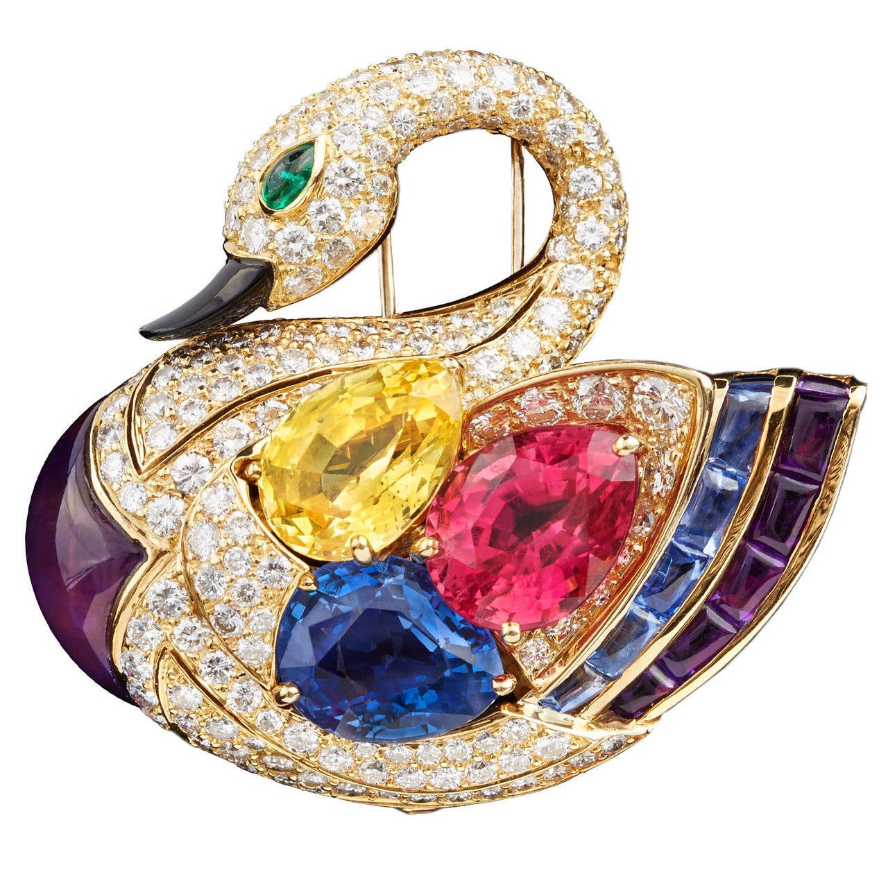 Superb Bulgari Precious Gems Gold Swan Brooch