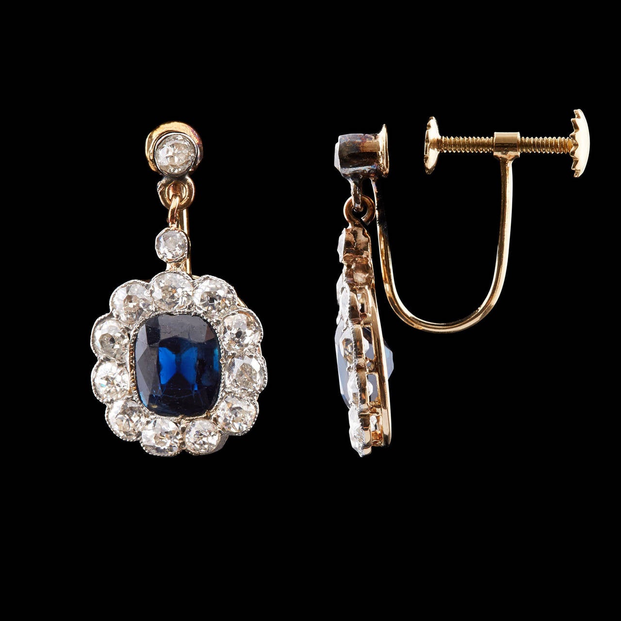 Sapphire Old Mine Cut Diamond Gold Drop Earrings In Good Condition In San Francisco, CA