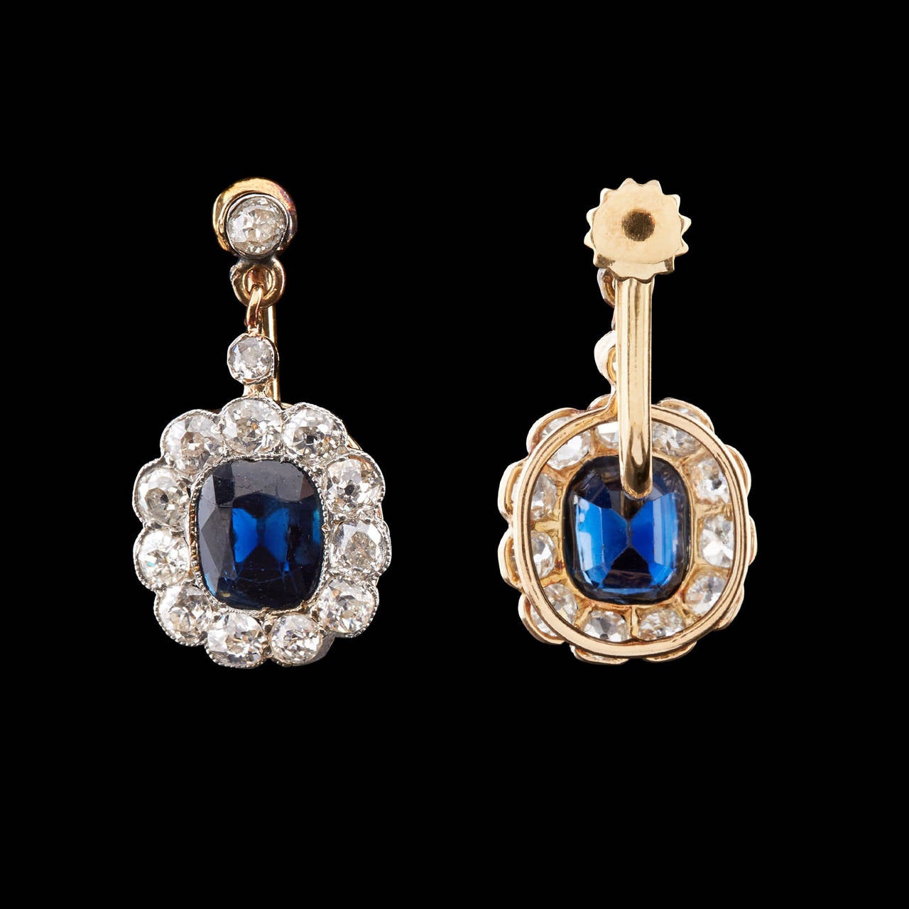 Women's Sapphire Old Mine Cut Diamond Gold Drop Earrings