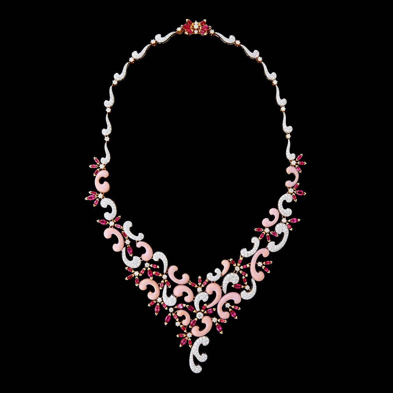One of a Kind Fabergé Necklace Features a Flower and Swirl Motif of Tourmaline, Pavé Diamonds and Guilloché Enamel. The necklace features approximately 10.00 carat total weight of marquise shaped tourmaline and 8.68 carat total weight of round