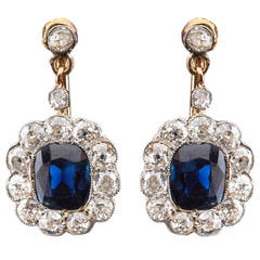 Sapphire Old Mine Cut Diamond Gold Drop Earrings