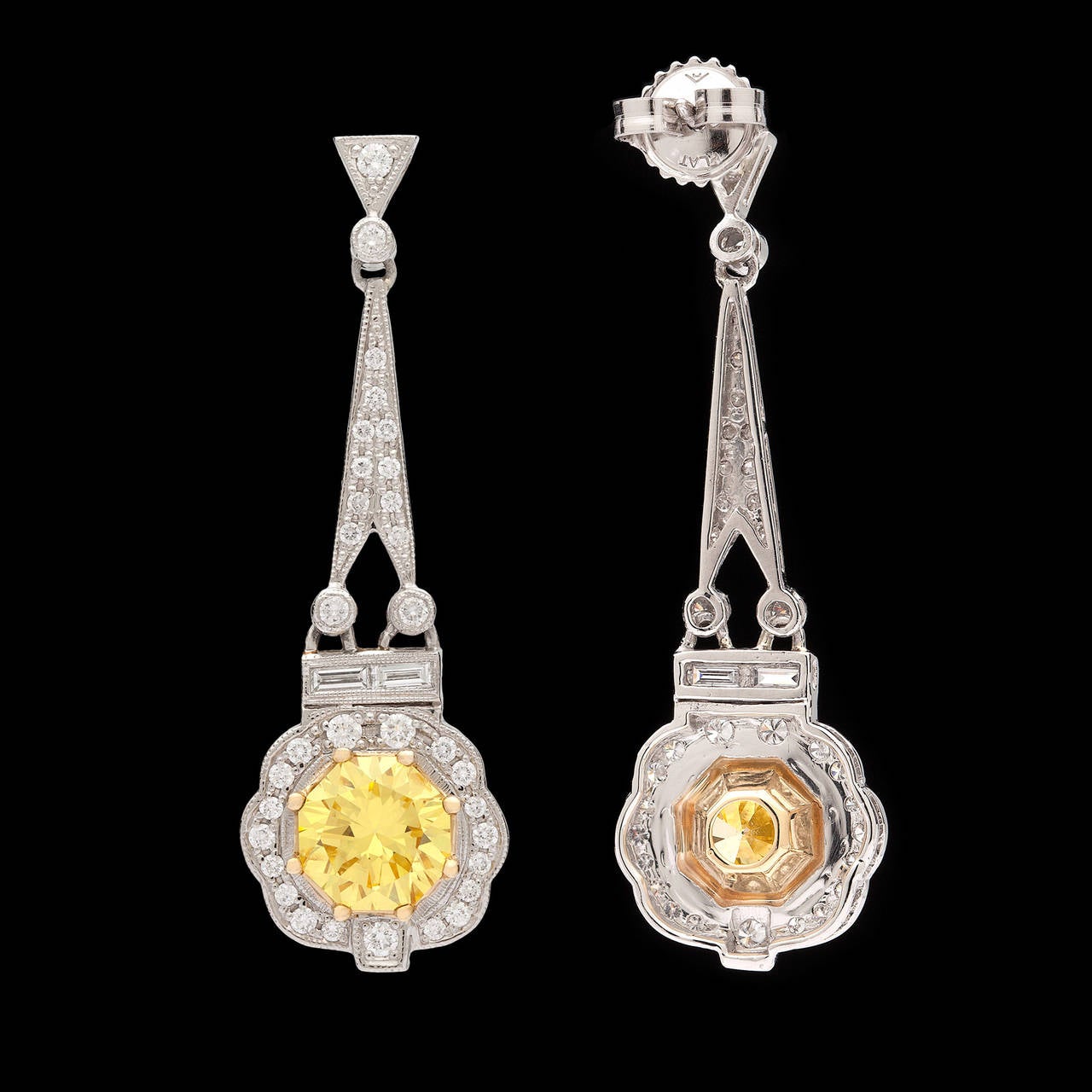 GIA Cert Natural Fancy Intense Yellow Diamond Gold Platinum Earrings In Excellent Condition In San Francisco, CA