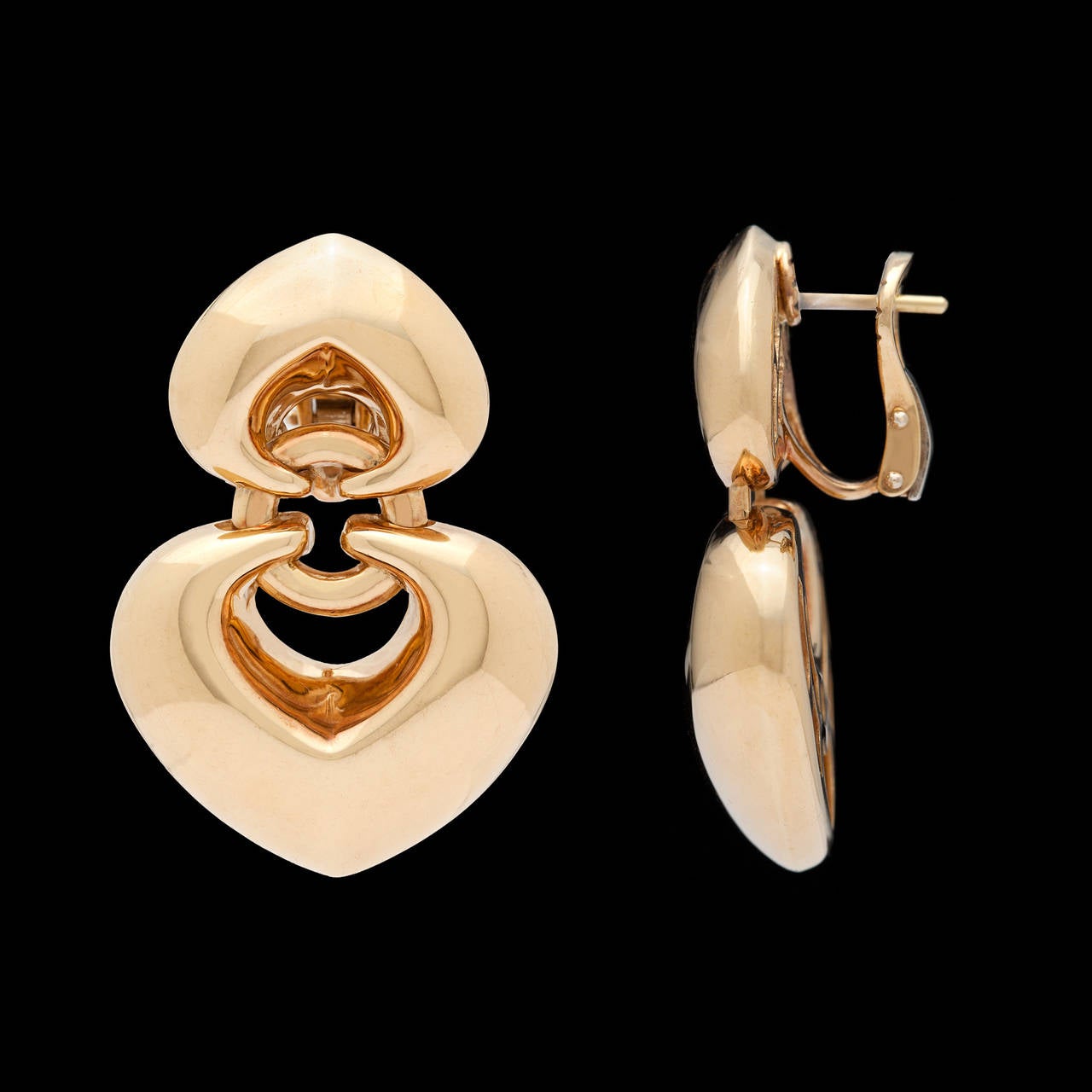 Bulgari Gold Double Heart Drop Earrings In Excellent Condition In San Francisco, CA