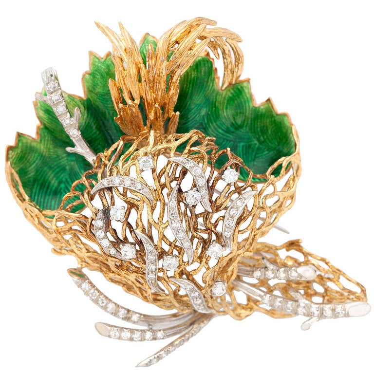 Italian Enamel Diamond Gold Foliage Brooch