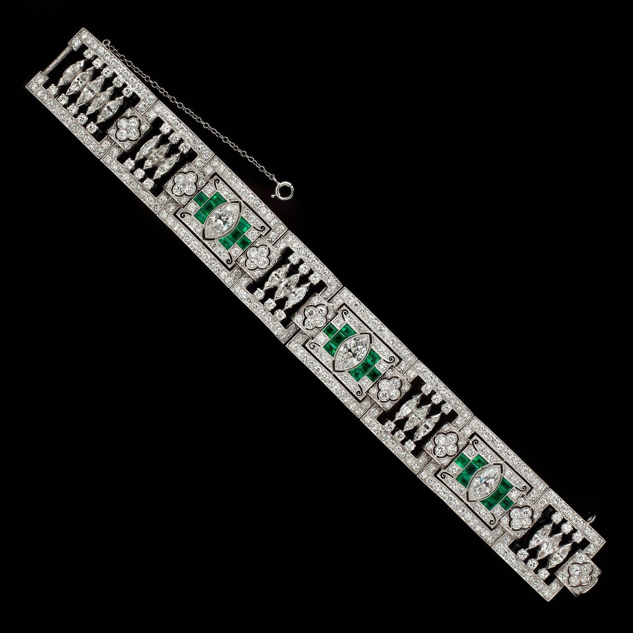 Emerald Cut Art Deco Emerald Diamond Platinum Panel Bracelet