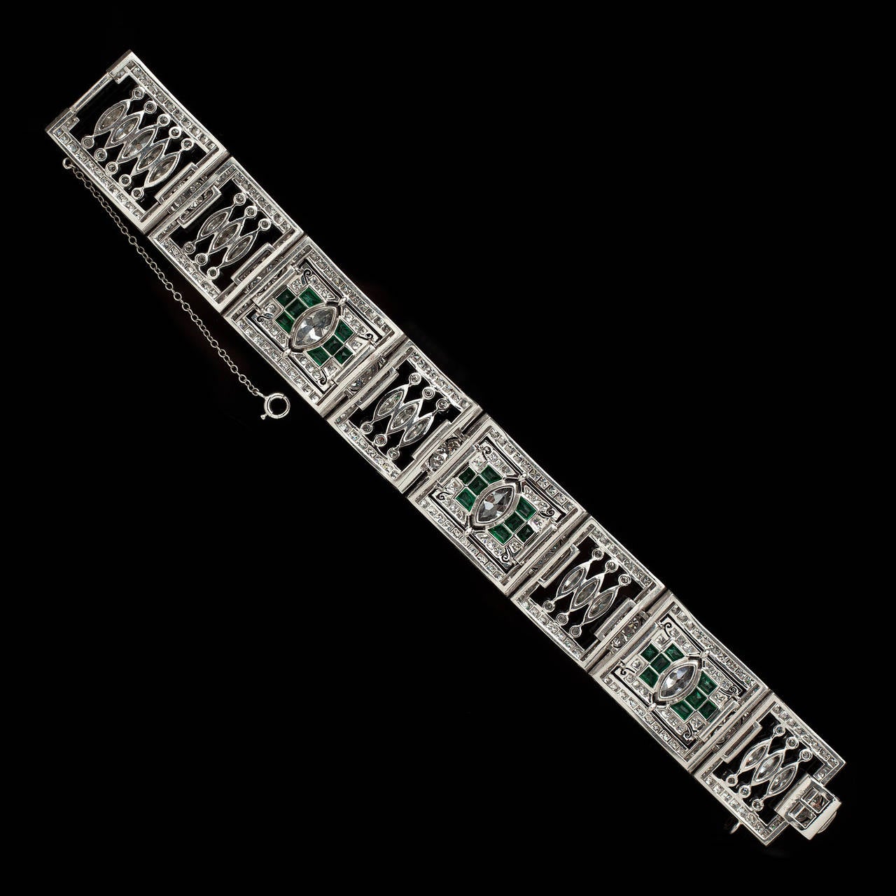 Art Deco Emerald Diamond Platinum Panel Bracelet 2