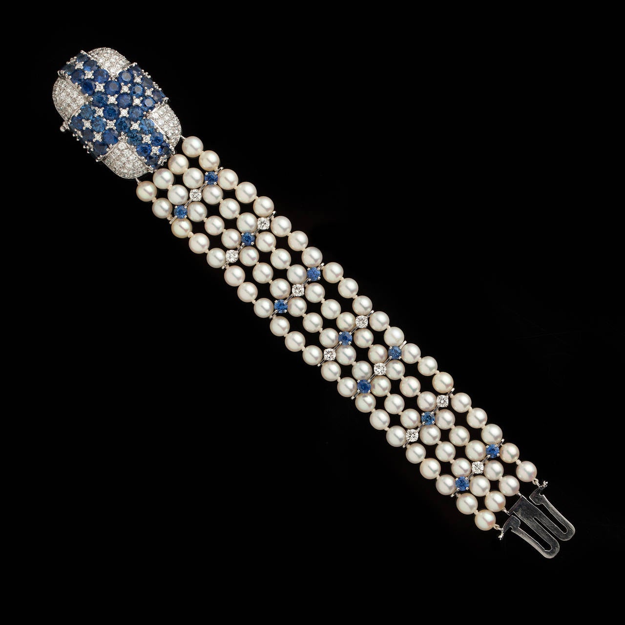 Ruser Cultured Pearl Sapphire Diamond Platinum Bracelet In Excellent Condition In San Francisco, CA