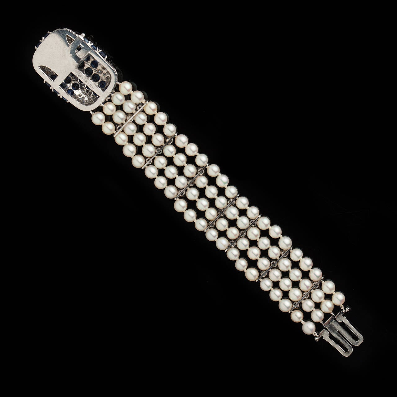 Women's Ruser Cultured Pearl Sapphire Diamond Platinum Bracelet