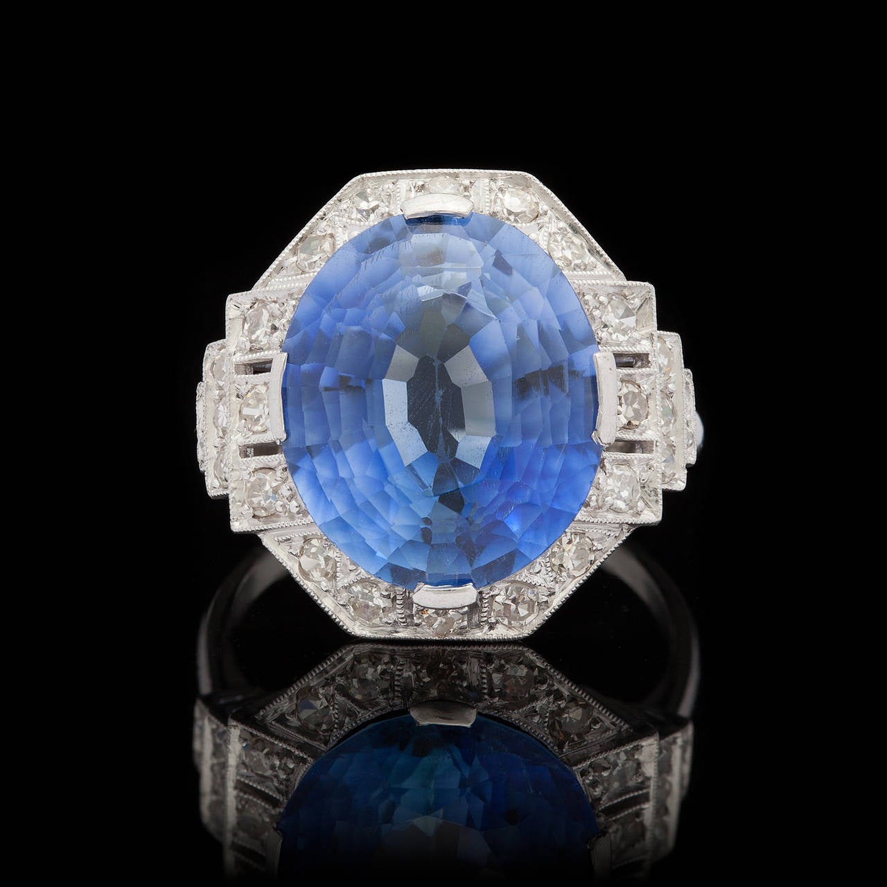 Art Deco Blue Sapphire Diamond Platinum Ring For Sale