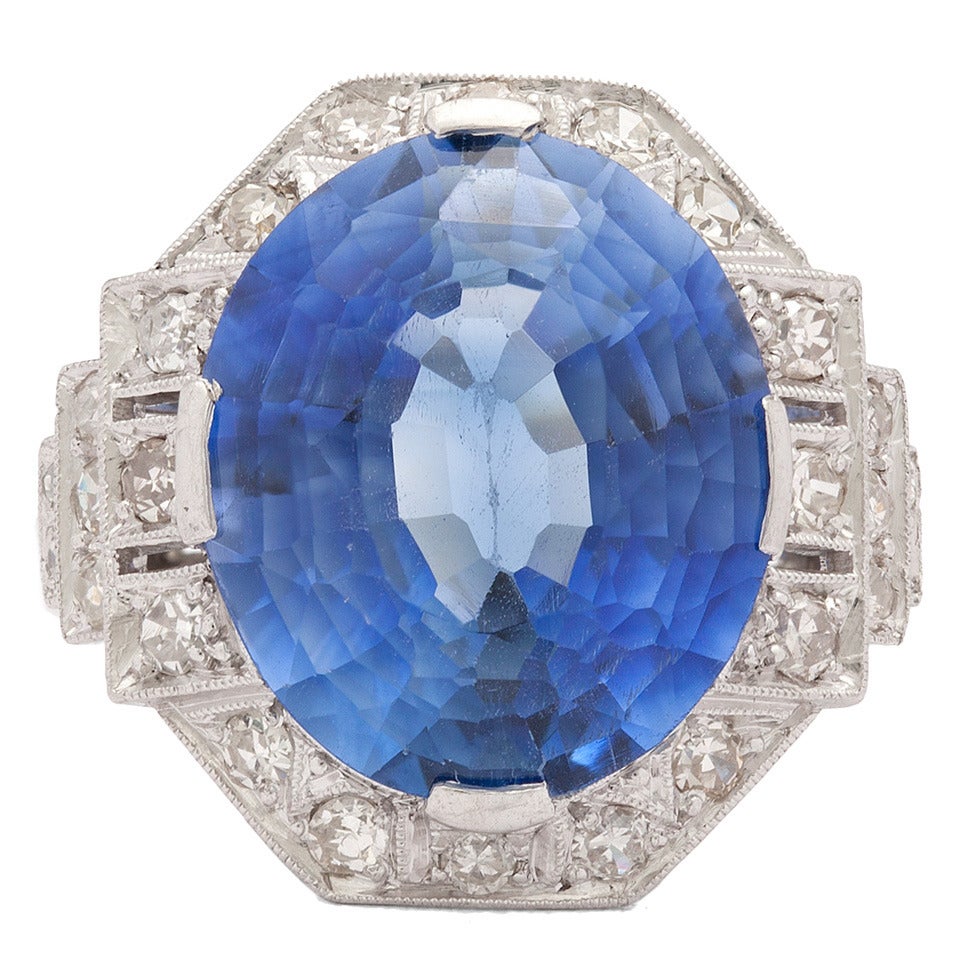 Blue Sapphire Diamond Platinum Ring For Sale