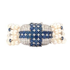 Ruser Cultured Pearl Sapphire Diamond Platinum Bracelet