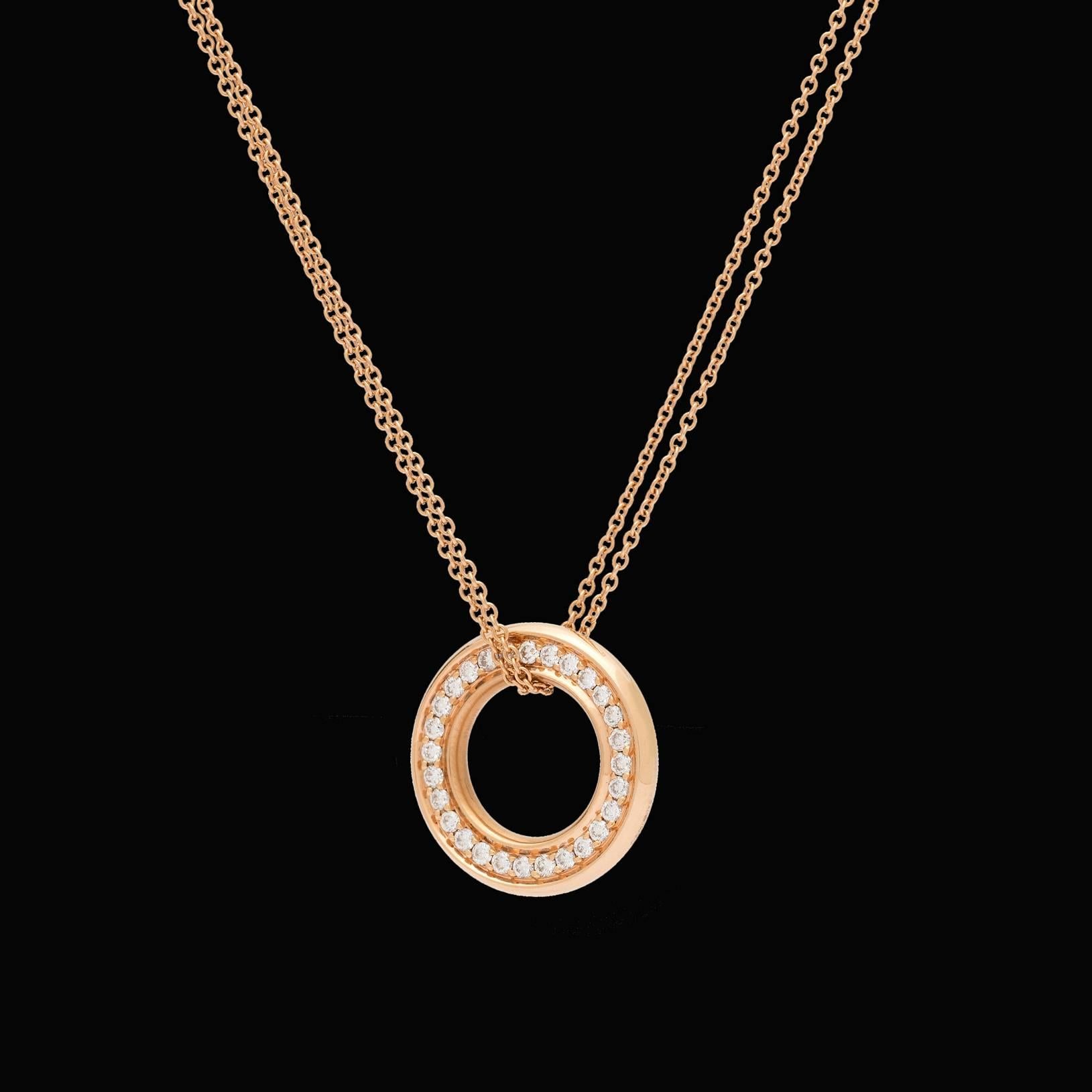18Kt Rose Gold Boodles of London Medium Roulette Diamond Pendant with 1.12 carats of Round Brilliant Diamonds on both sides of Pendant on a double trace chain of 17 inches.  The Circle Pendant measures 0.75 inches and weighs 10.4 grams total.