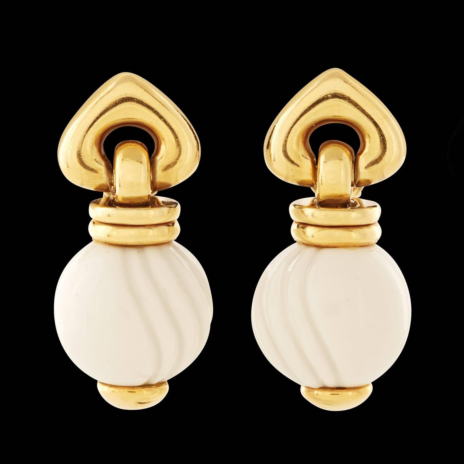 Bulgari 18Kt Yellow Gold & Porcelain Bead Drop Earrings from the Chandra Collection. The earrings measure approximately 1.5 inches long and the porcelain bead measures 16.5mm in diameter. Total weight of the pair is 27 grams.