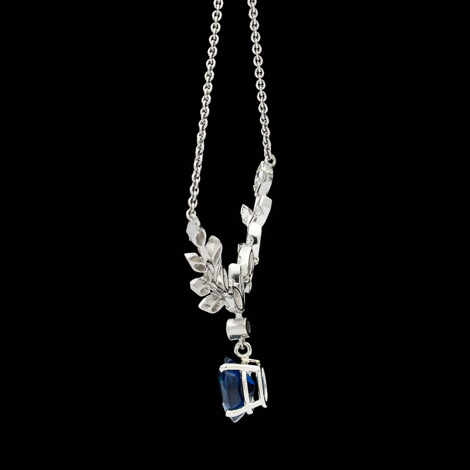 GIA Sapphire Diamond Platinum Drop Necklace In Excellent Condition In San Francisco, CA