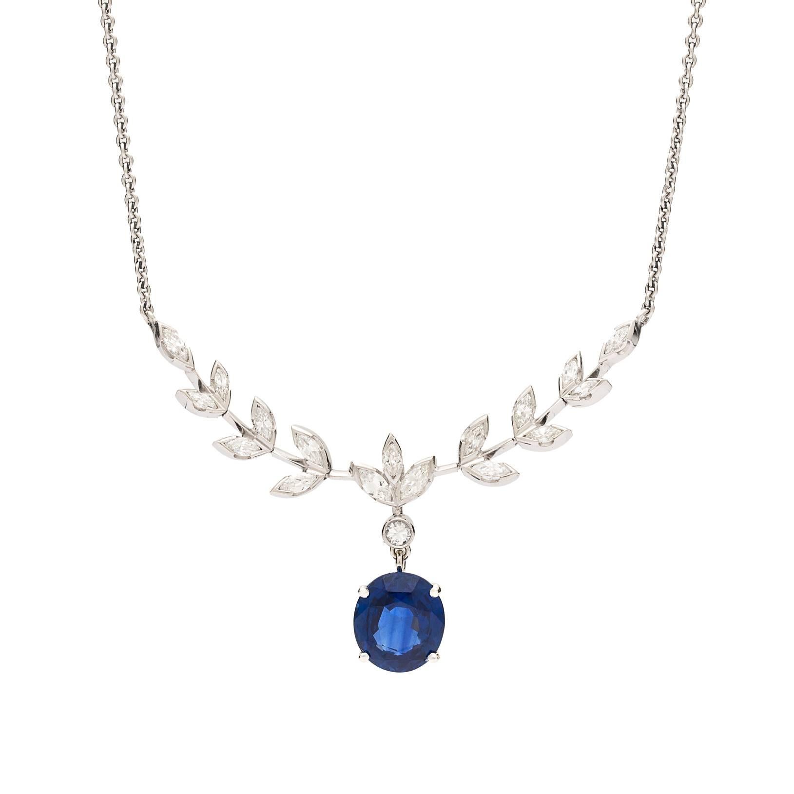 GIA Sapphire Diamond Platinum Drop Necklace