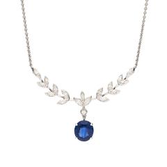 GIA Sapphire Diamond Platinum Drop Necklace