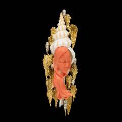 Fantastic Coral Seashell gold Brooch