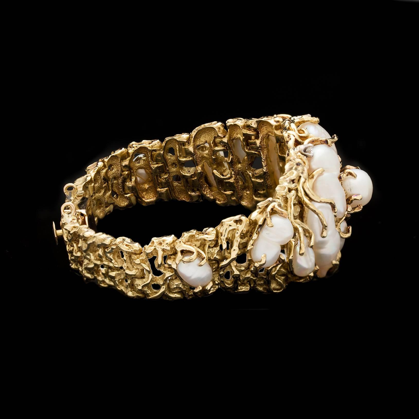Vintage Baroque Pearl & Diamond Bracelet In Excellent Condition In San Francisco, CA