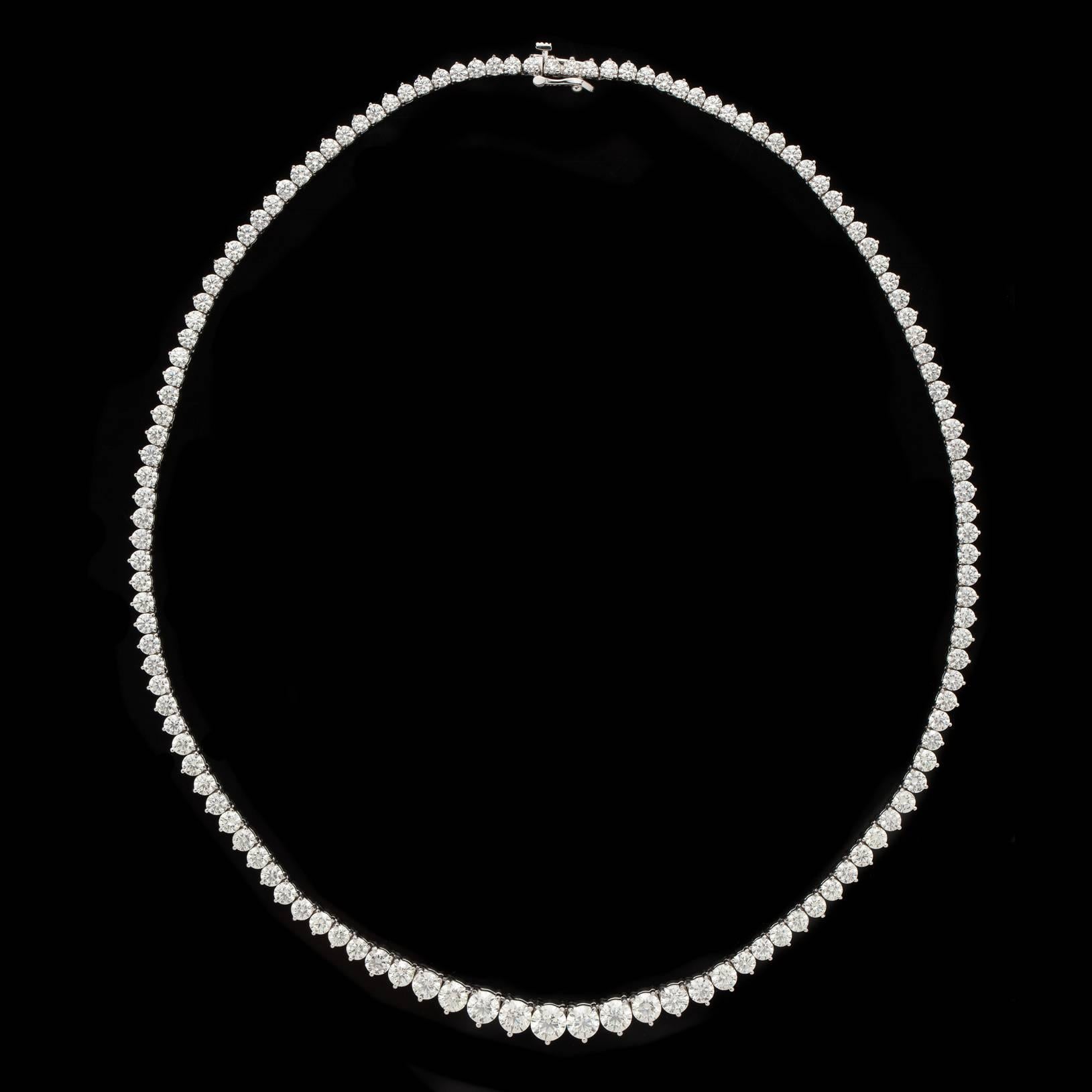 Sparkling Graduated Diamond Line Necklace of Round Brilliant Cut White Diamonds set in 18Kt White Gold totals 23.93 carats. Length is 18 inches, and weighs 41.7 grams total.