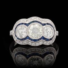 Old Mine Cut Diamond Platinum Three-Stone Ring