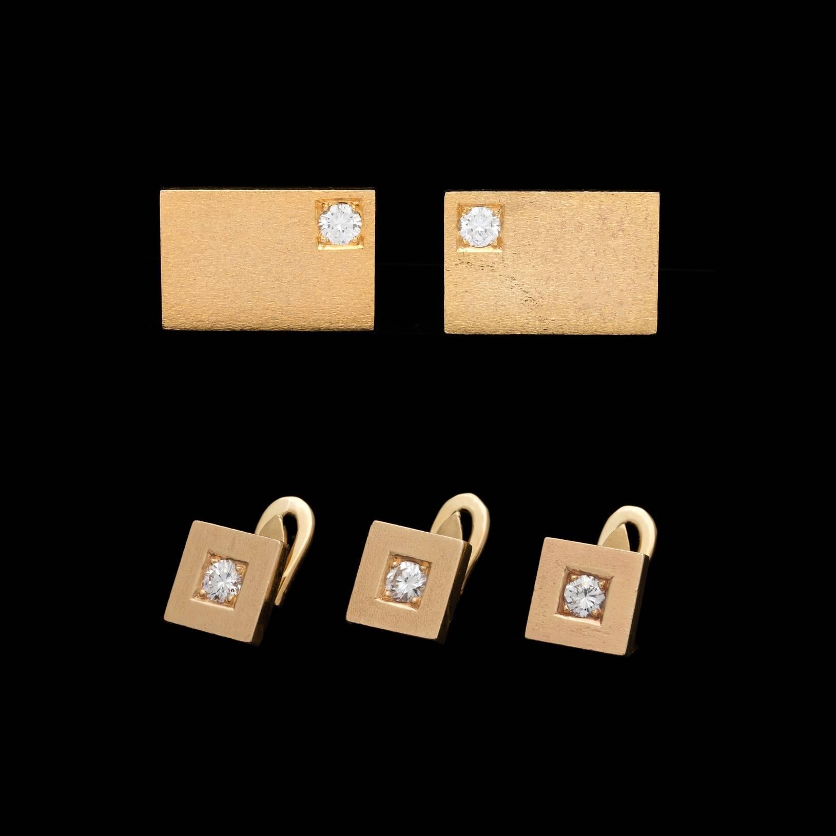 Modern design gentleman's 14k yellow gold cuff links and 3 shirt studs dress set individually detailed with a round brilliant cut diamond for a total of 1.10 carats. This 5-piece set is handsomely detailed with a textured finish. The cuff link