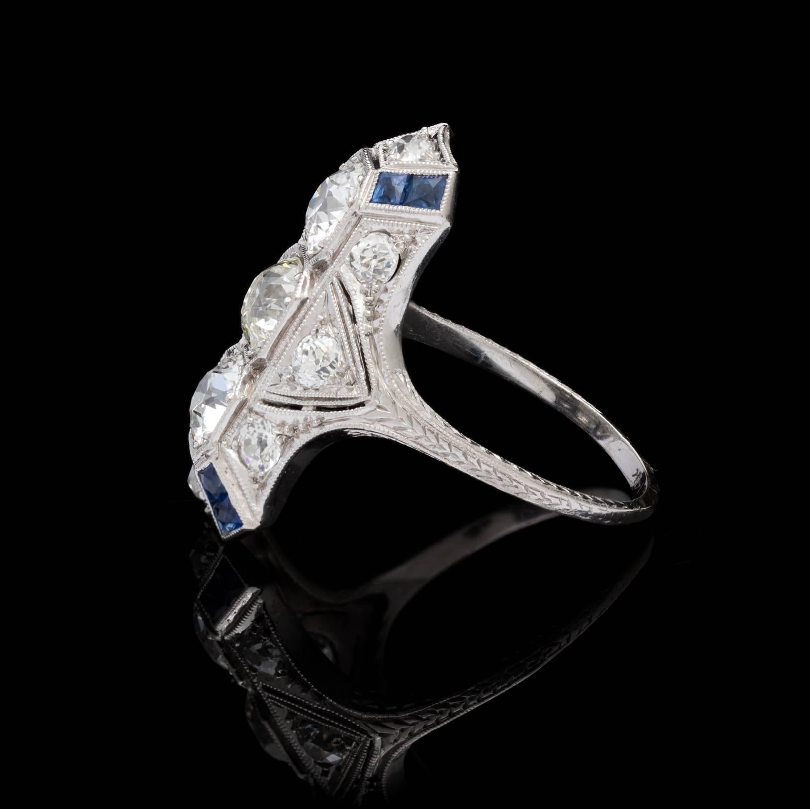 Art Deco Old European Cut Diamond Sapphire Platinum Ring In Excellent Condition In San Francisco, CA
