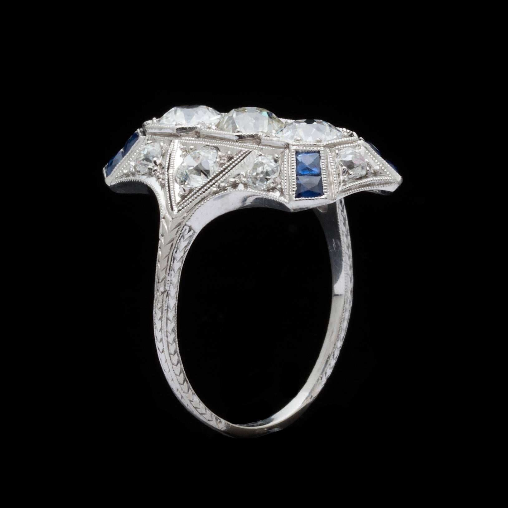 Women's Art Deco Old European Cut Diamond Sapphire Platinum Ring