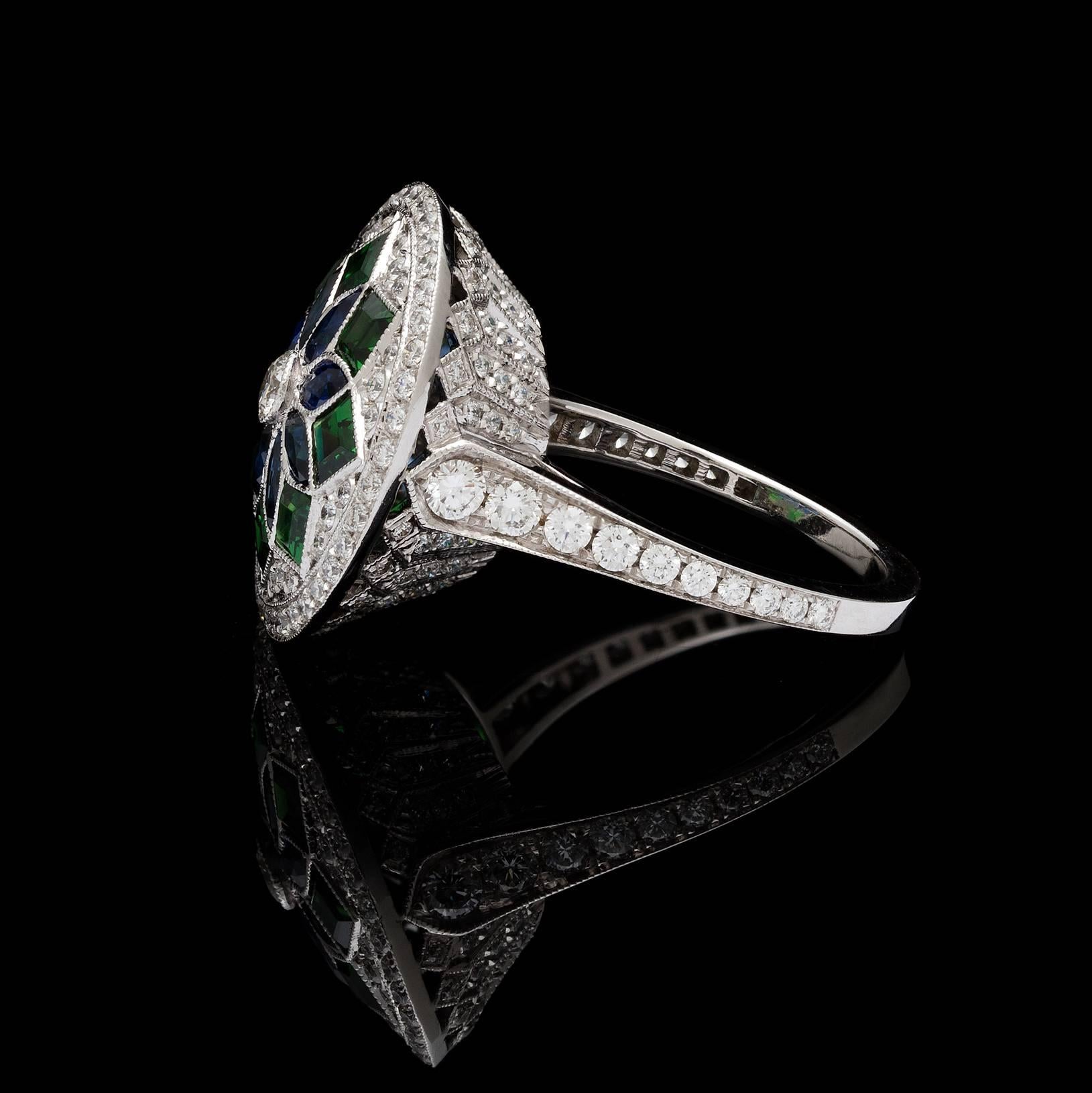 Art Deco Sapphire Green Garnet Gold Mosaic Ring