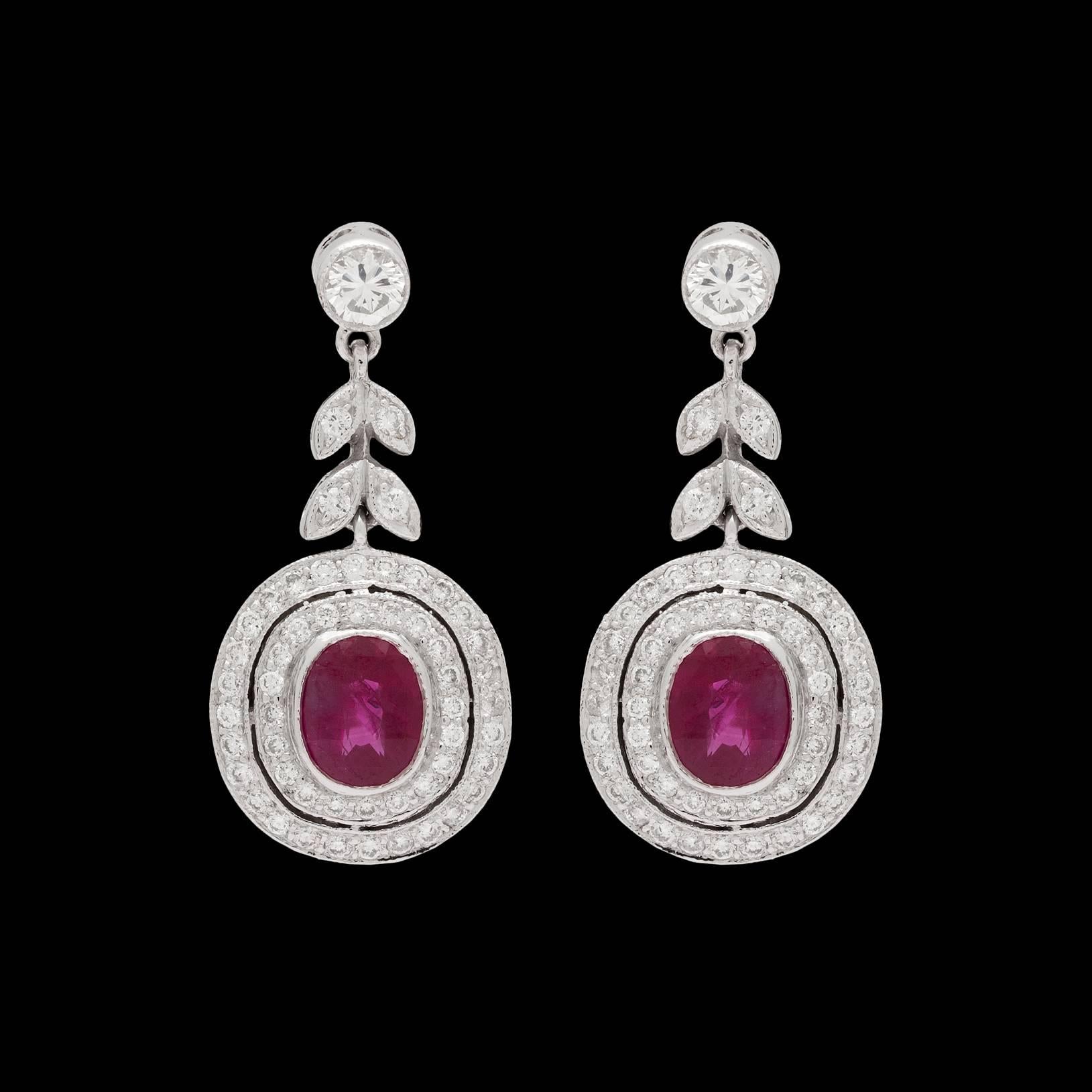 Art Deco Burmese Ruby Diamond Gold Earrings