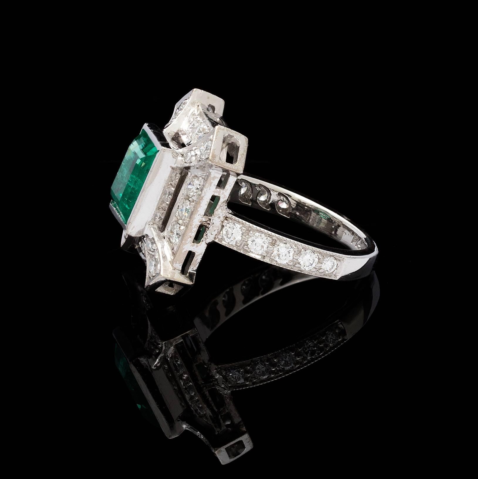Square Cut Emerald Diamond Platinum Ring For Sale