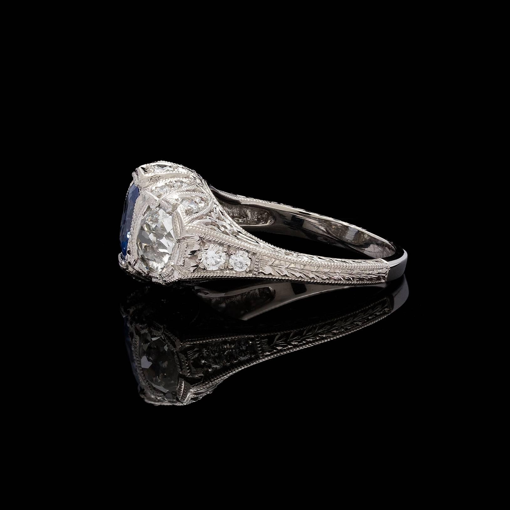 1.30 Carat GIA Cert Unheated Sapphire Diamond Platinum Ring In Excellent Condition In San Francisco, CA