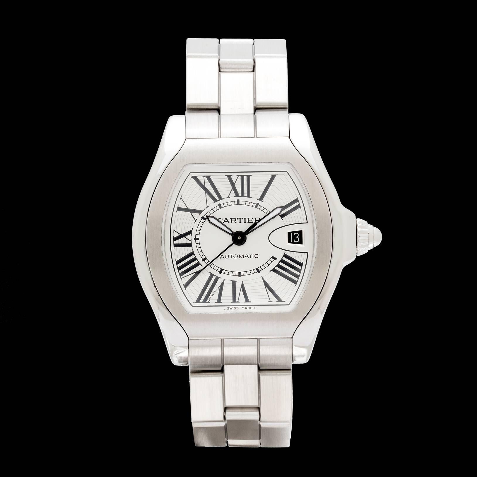 Cartier Roadster “S” timepiece inspired by the classic cars raced in the 1950's and 1960's, measures about 45.9 mm wide & 11.8mm thick and has a Cartier Caliber 049 automatic movement. All stainless steel with a satin finish bezel and bracelet,