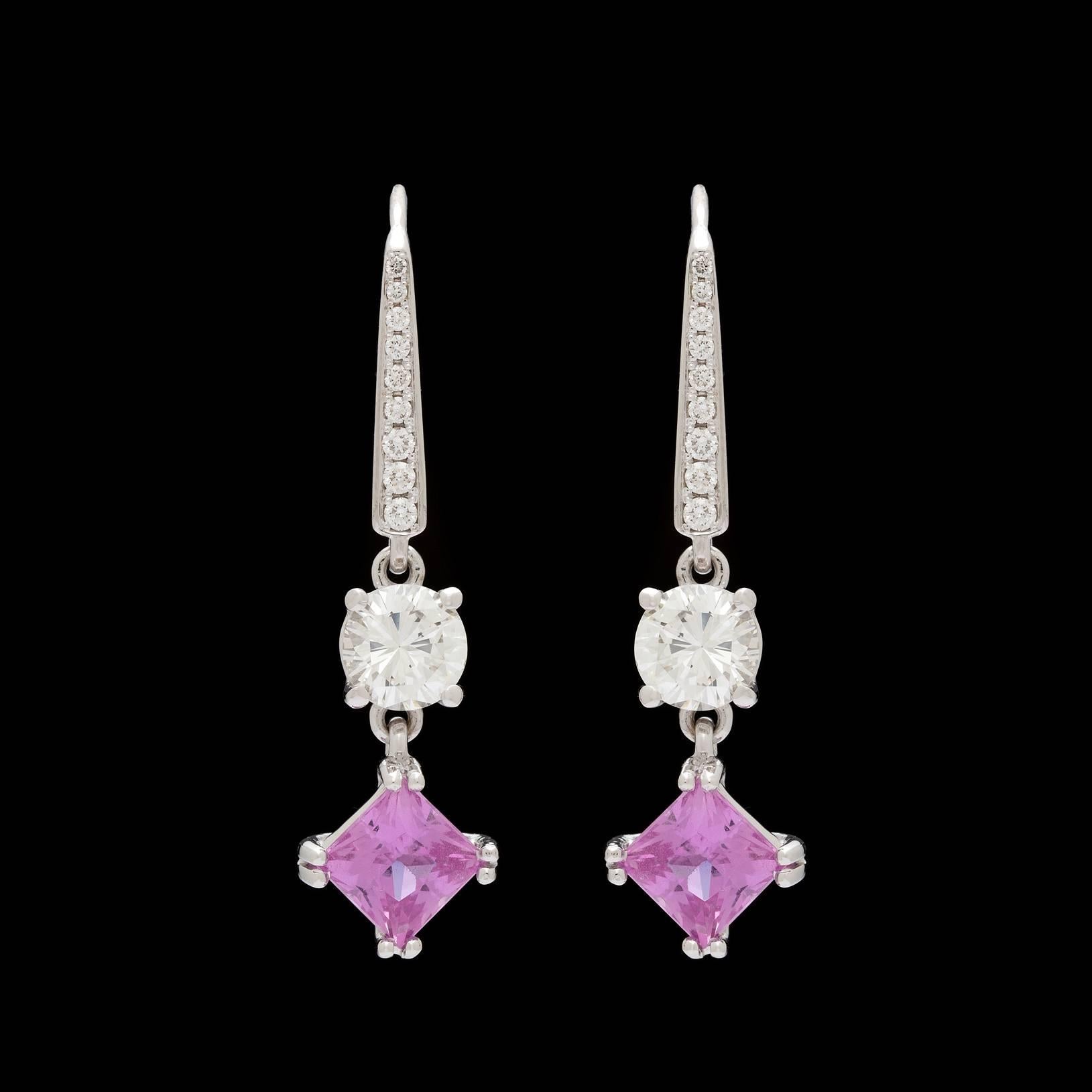 18k white gold drop earrings features a 1.16 carat square modified brilliant cut purplish pink sapphire each detailed with a single round brilliant cut diamond totaling 1.25 carats and accented with 18 round full cut melee diamonds totaling 0.15