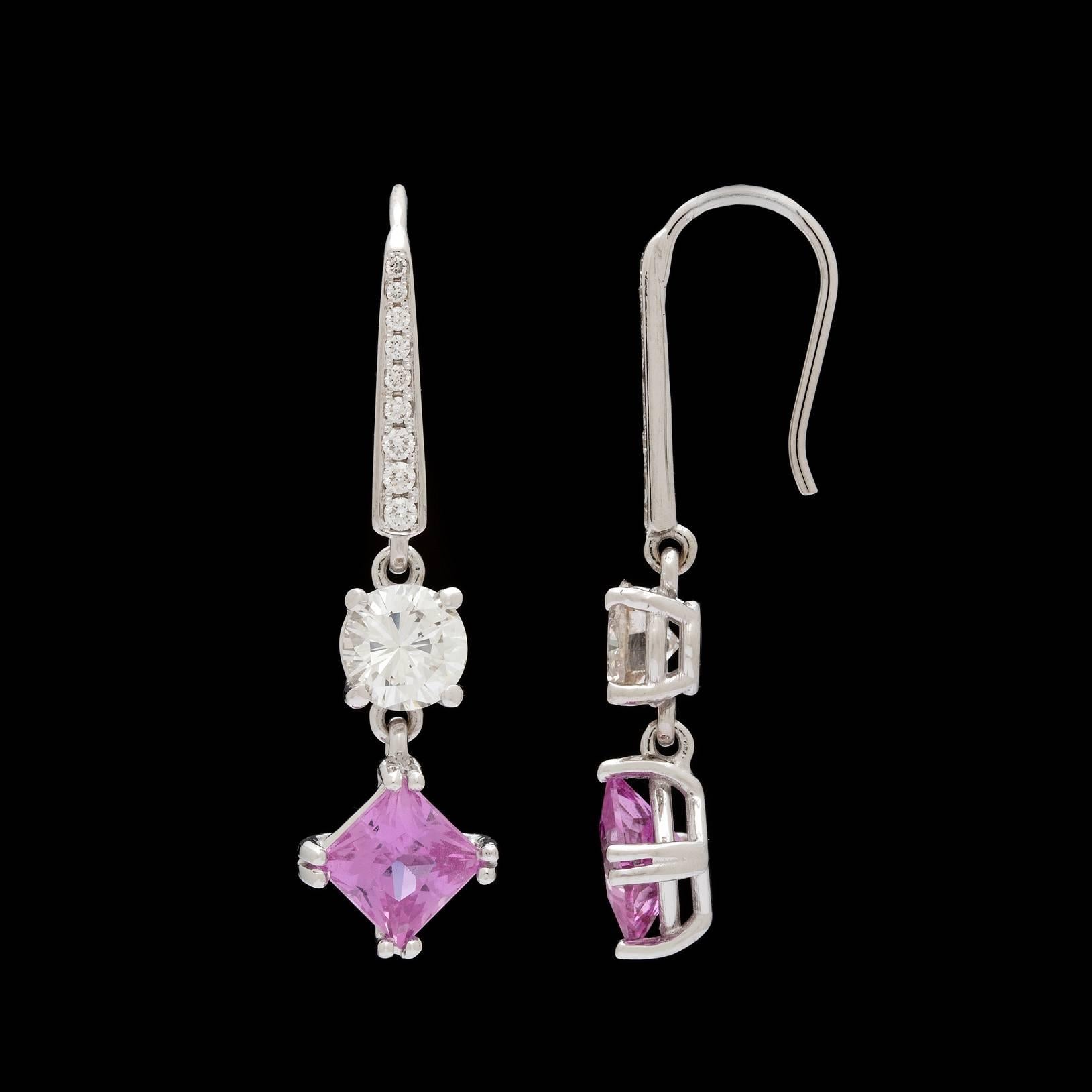 Round Cut 2.33 Carats GIA Cert Purplish-Pink Sapphires Diamond Gold Drop Earrings