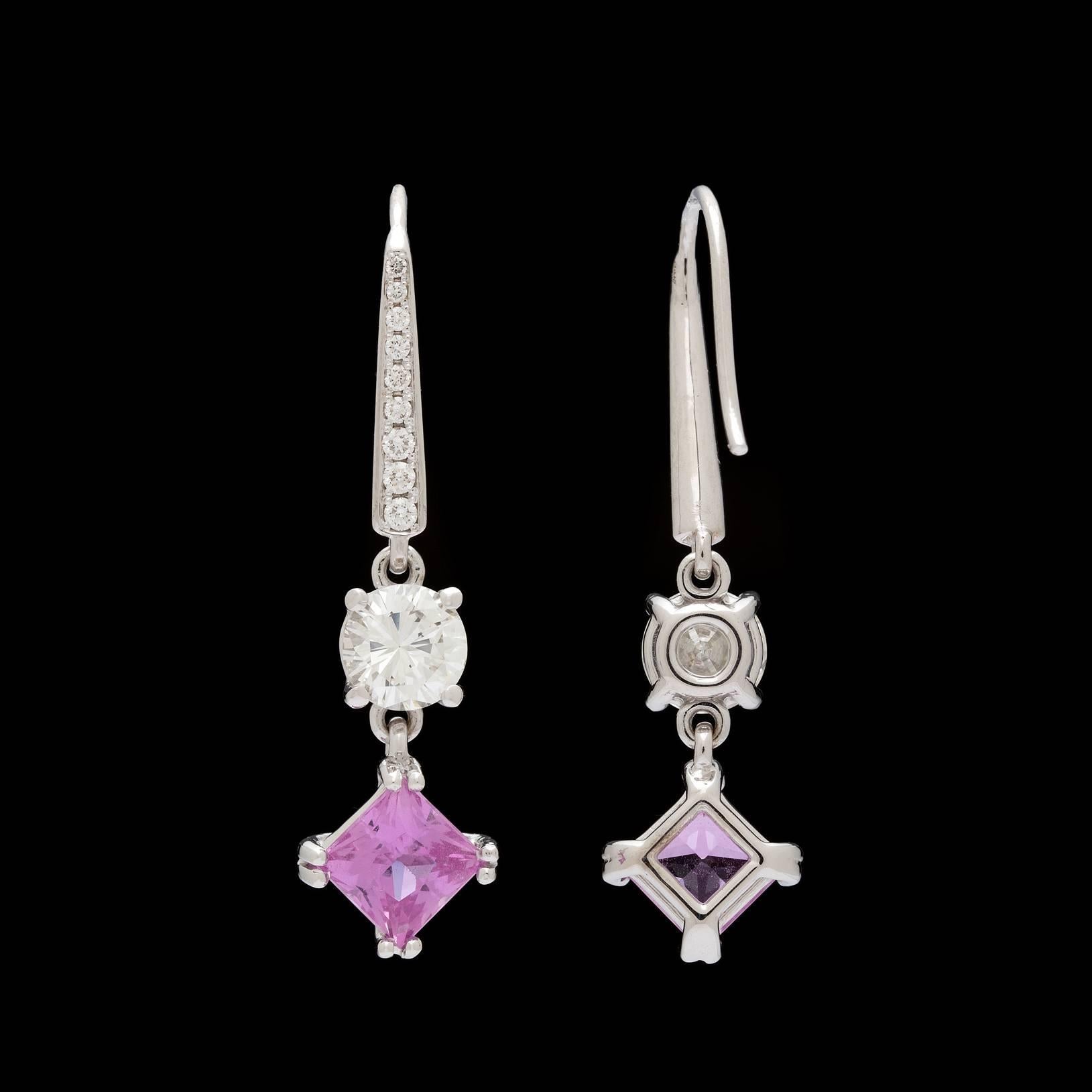 2.33 Carats GIA Cert Purplish-Pink Sapphires Diamond Gold Drop Earrings In New Condition In San Francisco, CA