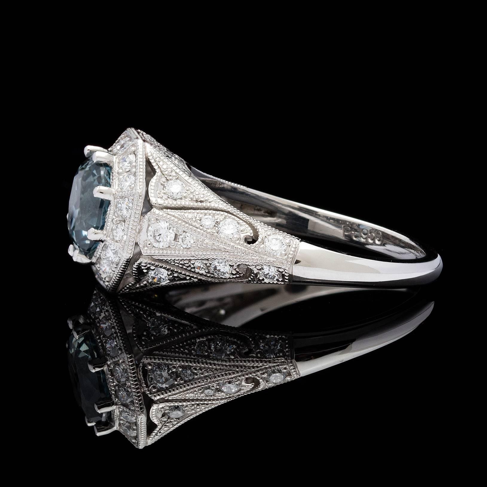 Edwardian GIA 1.53 Carat GIA Cert Gray Blue Sapphire Diamond Platinum Ring