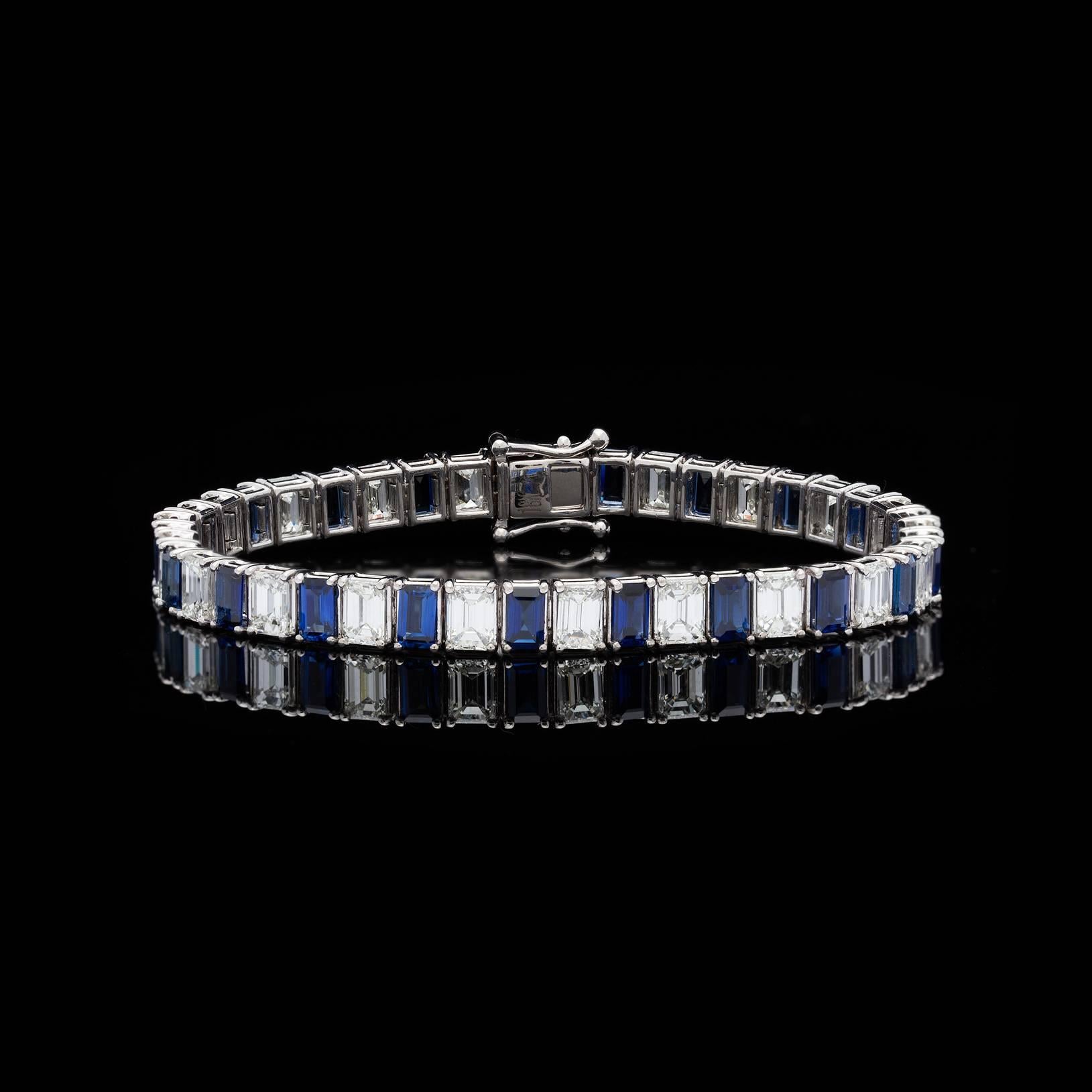 Spectacular alternating rectangle sapphire and emerald cut diamond bracelet set in 18k white gold. The bracelet includes 8.90 ct. tw.  VVS-VS/E-G quality diamonds and 7.60 ct. tw. fine blue sapphires. The bracelet measures 6mm wide and 6 3/4 inches