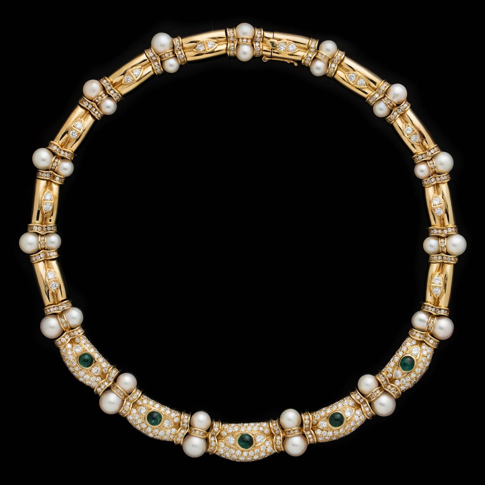 Round Cut Pearl Emerald Diamond Gold Choker Necklace