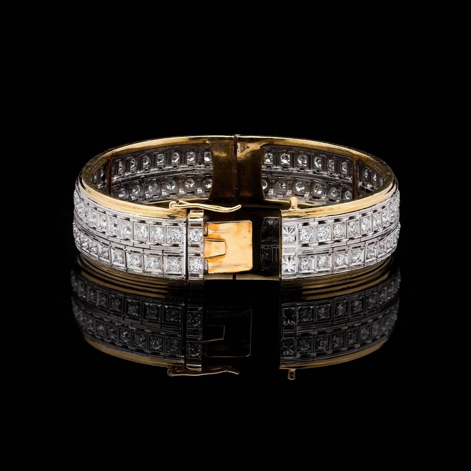 Art Deco 1950s Old European Cut Diamond Gold Platinum Bangle Bracelet For Sale